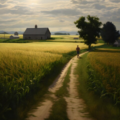 a farmer walking in between a lush field of crops and a barn, with a long road stretching out in the distance - obrazy, fototapety, plakaty