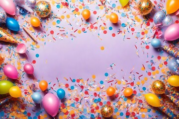 party birthday celebration concept,giftbox,balloon,confetti and streamers background copy space for text