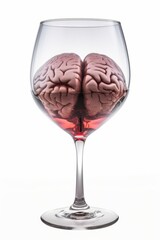 The human brain in a wine glass standing on a white background is isolated