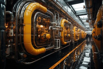 Close up details of industrial pipeline system at oil refinery plant. Pumps and hydraulic systems, vales and operations at petroleum manufacturing facility