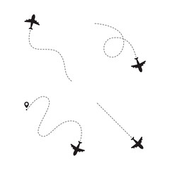 Airplane Dotted Route With Simple Design. Flight Location Pin. Vector Illustration Set. 