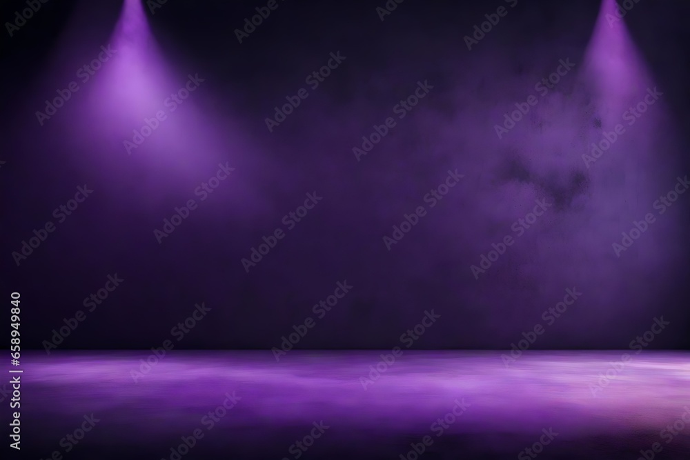 Poster abstract background with dark wall with copyspace and foggy concrete floor illuminated by purple col