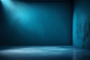 Abstract background with blank dark wall and smoky concrete floor illuminated by blue color. Mockup, 3D rendering
