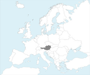 Gray CMYK national map of AUSTRIA inside detailed white blank political map of European continent on blue background using Mollweide projection