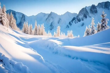 Snow covered hills in winter mountains. Arctic landscape. Colorful outdoor scene, Happy New Year celebration concept.