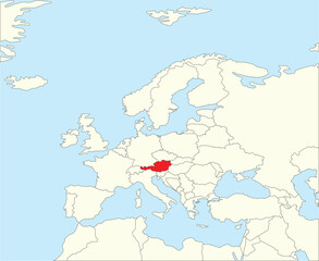 Red CMYK national map of AUSTRIA inside simplified beige blank political map of European continent on blue background using Winkel Tripel projection