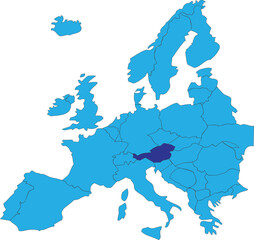 Dark blue CMYK national map of AUSTRIA inside simplified blue blank political map of European continent on transparent background using Peters projection