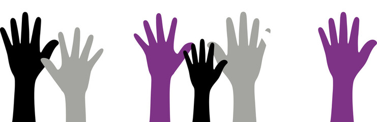 Silhouette of black, grey, white and purple colored hands as the colors of the asexual flag. Flat design illustration.	