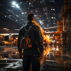 Aviation maintenance worker standing in a hangar with an airplane