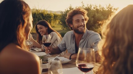 Happy friends have fun in the fresh air - Young people raise glasses of wine at the winery - obrazy, fototapety, plakaty