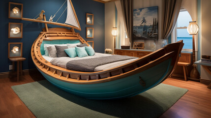 Fototapeta na wymiar interior of a hotel, boat style bed in the hotel 