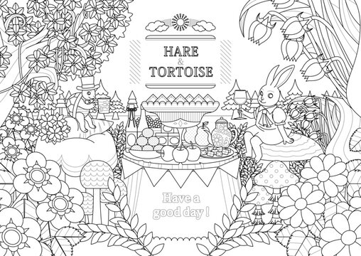 うさぎとかめ／Hare & Tortoise 仲良しパーティー コピースペースありイラスト（ぬりえ線画）
（Rabbit and Turtle / Hare & Tortoise Friendly Party Illustration  Line Drawing with Copy Space）