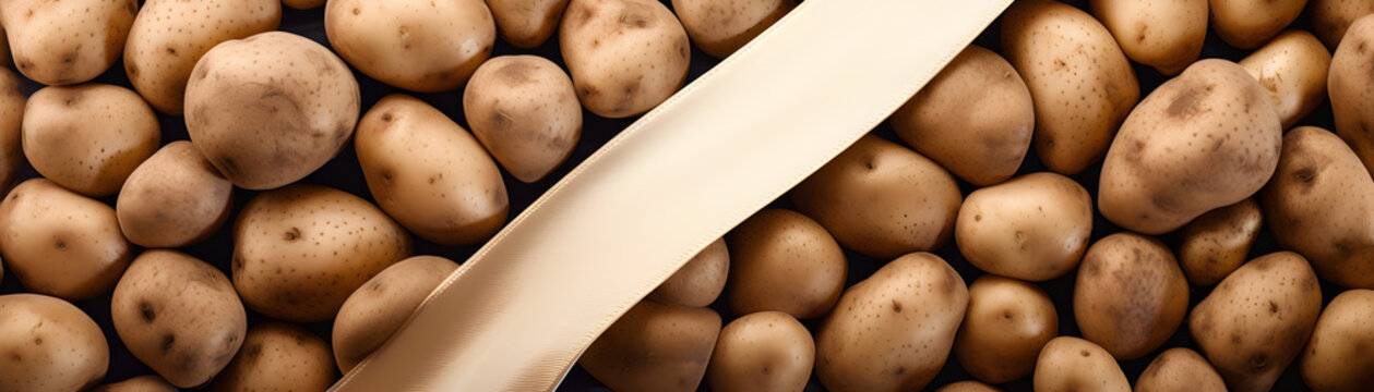 un arrière-plan rempli de pommes de terre avec un ruban beige qui traverse l'image en diagonale - bannière web