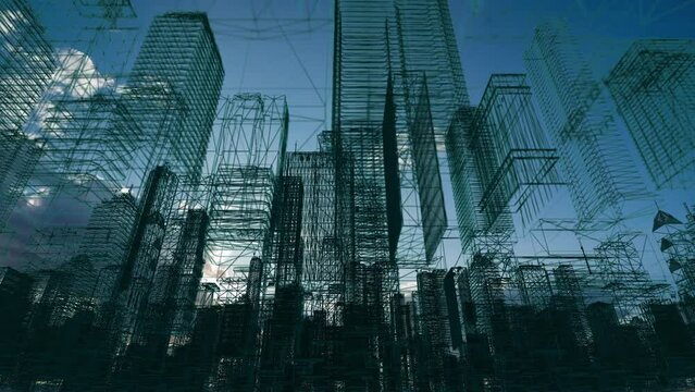 Futuristic city skyline, Artificial intelligence, Internet of things,aerial view of the city of the future, vision 2030, holographic city. plexus