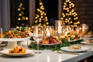 Christmas dining table, Christmas decor with a Christmas tree in the background,