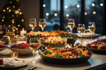 Fototapeta premium Christmas dining table, Christmas decor with a Christmas tree in the background,