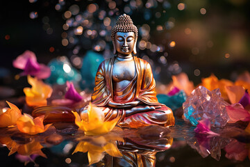 a glowing buddha statue with lotus flowers - obrazy, fototapety, plakaty