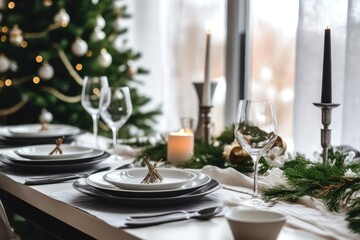 Fototapeta premium Christmas dining table, Christmas decor with a Christmas tree in the background,