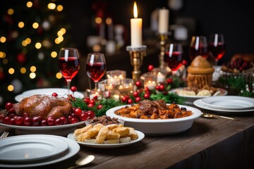 Christmas dining table, Christmas decor with a Christmas tree in the background,