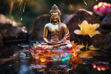 a glowing buddha statue with lotus flowers
