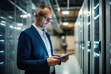 successful data engineer inside a server room looking at his tablet and monitoring the system