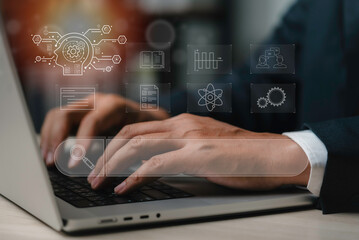 Businessman use laptop computer to Searching for information, search with Ai assistant, Businessman Search On Virtual Screen Data Search Technology Search Engine Optimization.