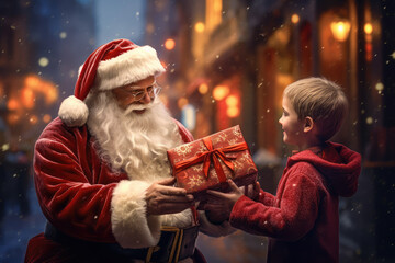 a santa claus laughing in giving gift to a good child