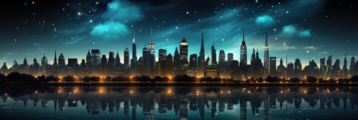 A view of a city at night with stars in the sky. AI image. - obrazy, fototapety, plakaty