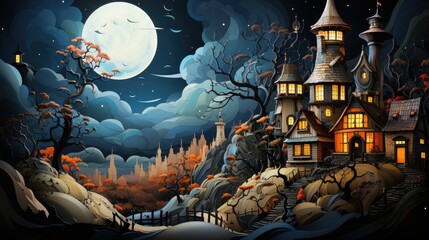 A painting of a house with a full moon in the background. Fiction, made with AI.