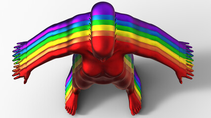 3D illustration. Top view of a row of colorful women. Rainbow. 