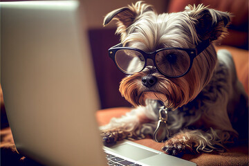 Business Dog in glasses uses a laptop. AI generated.