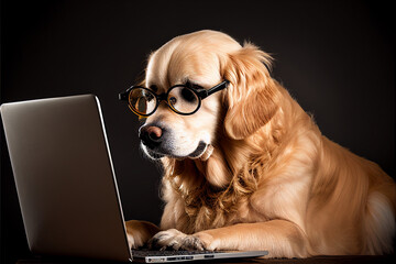 Business golden retriever in glasses uses a laptop. AI generated.