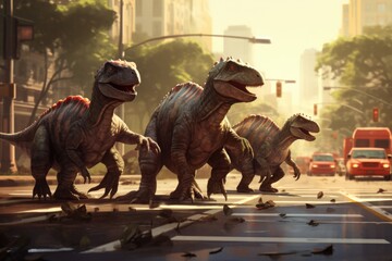 Fototapeta premium A group of dinosaurs crossing a street in a city. Imaginary illustration.