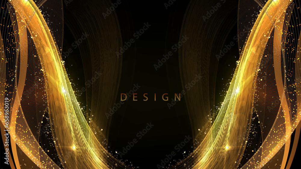 Wall mural golden wavy shapes with sparkles and tinsel,abstract frame on a black background