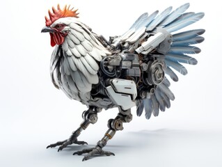 A frightening futuristic killer cyborg chicken full body view isolated on white