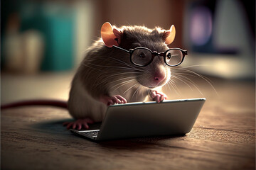 Mouse in glasses uses a laptop. AI generated.