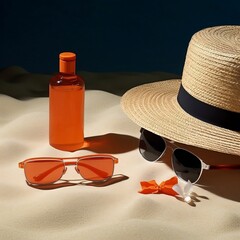Beach hat with sunglasses and summer sun cream in bottle