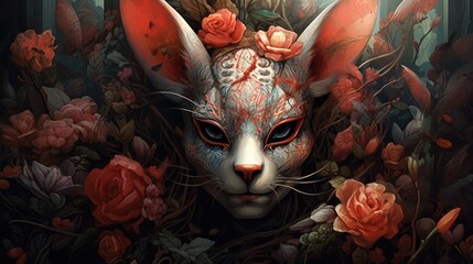 A painting of a rabbit with flowers on its head