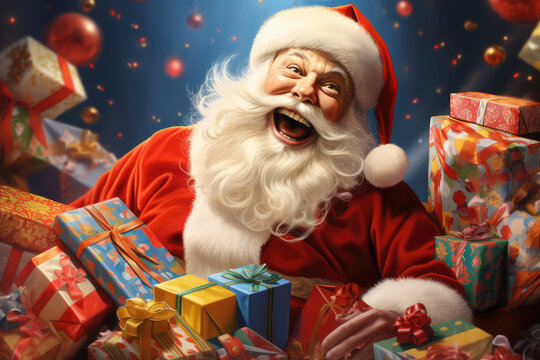 a happy santa with christmas presents surrounds him