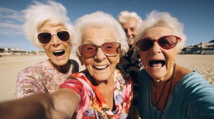 A group of older women taking a selfie on the beach - obrazy, fototapety, plakaty