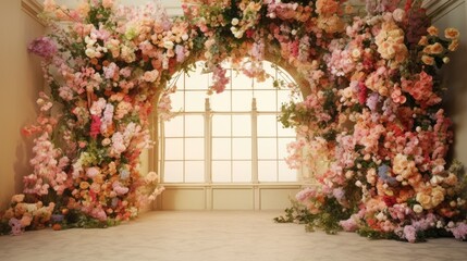 A room with a bunch of flowers on the wall