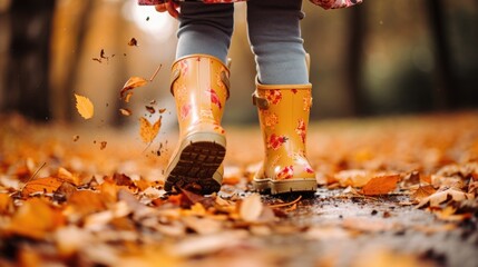 A person wearing yellow rain boots standing in the leaves - Powered by Adobe