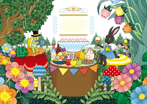 うさぎとかめ／Hare & Tortoise 仲良しパーティー コピースペースありイラスト
（Rabbit and Turtle / Hare & Tortoise Friendly Party Illustration with Copy Space）
