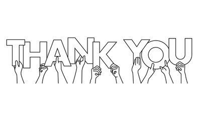 hands holding up letters shaping the word thank you line art black vector isolated on white background.