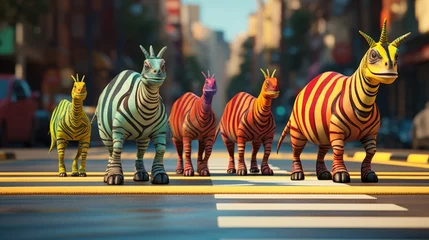 Poster Im Rahmen A group of zebras are standing in the middle of the street. Imaginary illustration. © Friedbert