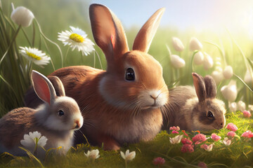 Obraz premium Mother hare with little hares on a green meadow. AI generated