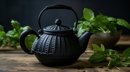Obraz na płótnie Canvas Black iron Asian teapot with sprigs of mint for tea.