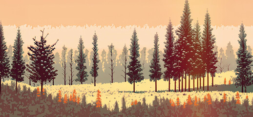 Obraz premium illustrazione di bosco, foresta di conifere nel periodo autunnale, luce al tramonto