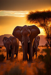 Herd of elephants in the savannah. AI generated