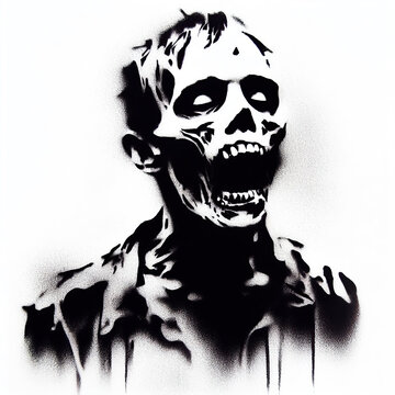 zombie graffiti stencil-art sprayed in black over white, generative ai